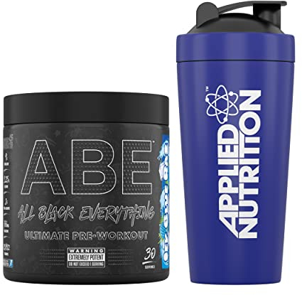 Applied Nutrition Bundle ABE Pre Workout 375g + 750ml Steel Protein Shaker | All Black Everything Pre Workout Powder, Energy & Physical Performance, Creatine, Beta Alanine (ICY Blue Raz)