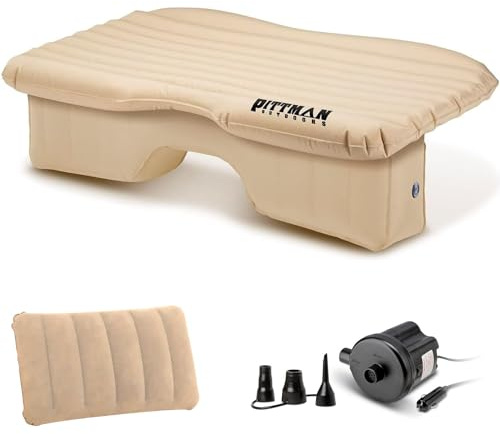 Pittman Outdoors Backseat Bed Air Mattress – 60” Rear Seat Air Mattress for Trucks, Vans & Large SUV – Includes Pump, Pillow & Storage Bag – Inflatable Back Seat Air Mattress – Tan