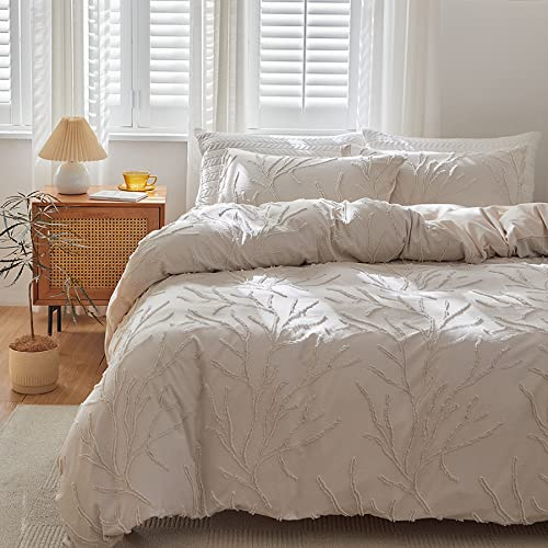 GETIYA Aesthetic Zweig Muster Bettwäsche 200x200 3 Teilig Einfarbig Bettwäsche Beige Getuftet Bettbezug Damen Herren Bettwäsche Mikrofaser Romantisch Bettwäsche Doppelbett mit 2 Kissenbezug 80x80