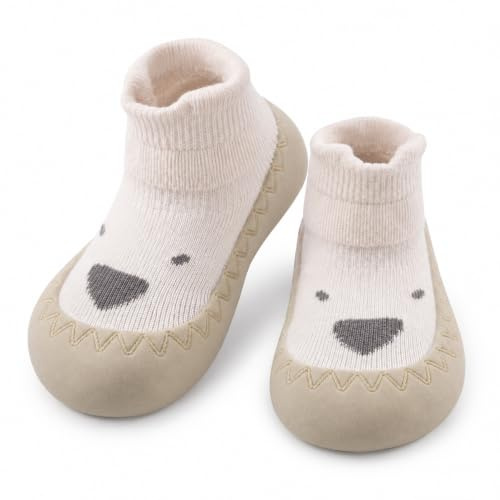 Exemaba Toddler Sock Shoes - Baby First Walking Shoes Soft Sole with Grips for Boys & Girls (Beige Dog, Tag21/6-12 M)