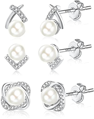 Ash's Choice Sterling Silber 925 Perlen Ohrringe Set, 3 Paar Ohrstecker und Creolen, Rosa, Lila und Weiße Perlen, Hängende Anhänger für Damen