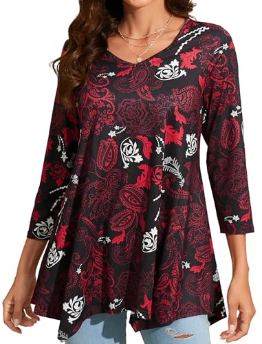 Enmain Maglietta Donna Tunica Scollo V Maniche a 3/4 Top Maglia Manica Lunga Taglie Forti Magliette Donna Elegant Camicetta con Stampata,Rosso,2XL