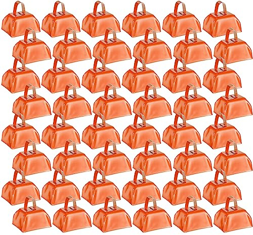 Yeshone 48 Pcs Metal Cowbells with Handles Loud Noise Makers Small Hand Percussion Cowbells for Football Events, Wedding, Graduation Team Cheering(Orange)