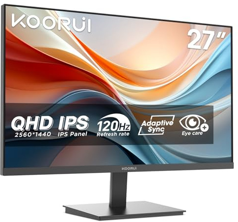 KOORUI E2721H 27 Zoll Monitor, 120Hz QHD 2560 x 1440 PC Monitor, HDMI 2.0 DP 1.4, IPS 1MS Adaptive Sync, -5° bis 15° neigbar, Eye Care Bildschirm, VESA 100 x 100mm