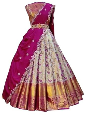 ZITON ENTERPRISE Lehanga Kanjivaram Demi-sari traditionnel en soie avec chemisier et tissu jacquard lourd Zari Work Banarashi Dupatta Rose Taille unique