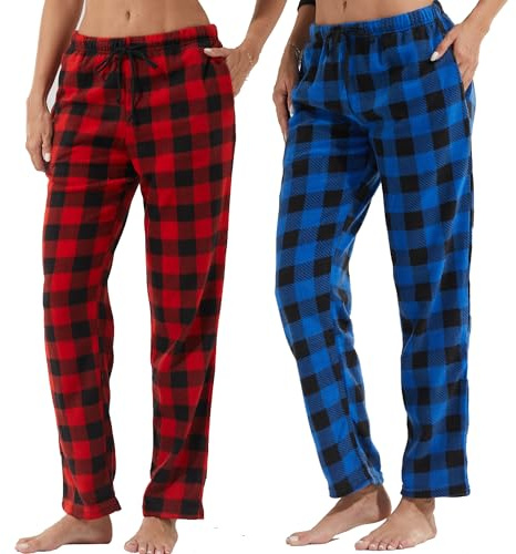 LANBAOSI Lot de 1-2 Bas de Pyjama Femmes Pantalon Pyjama Femme à Carreaux Pantalon de Nuit avec Poches Automne/Hiver Doux Pantalon Long Vêtements de Nuit