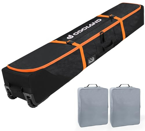 Odoland Housse à Skis Roulant pour 1-2 Paires de Skis de 190 cm, Sac à roulettes pour Snowborads avec 2 Sacs de Rangements Étanches, Tissu Oxford 900D Imperméables pour Homme Femme