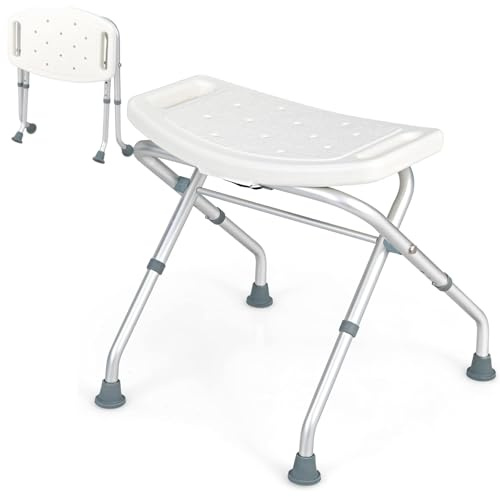 HOMFME Folding Shower Chair, 3 Levels Height Adjustable Shower Stool with Handles, Non Slip Foot Pads, Bathroom Bath Chair Bath Tub Shower Seat for Elderly Handicap Disabled Pregnant (White)