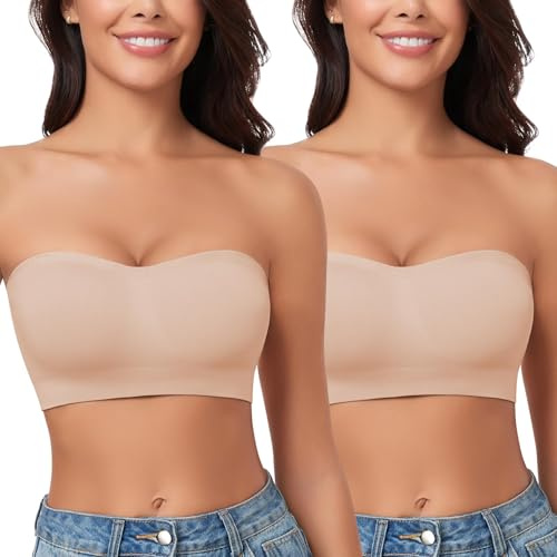 WOWENY Strapless Bandeau Bra Padded for Women Seamless Non Wired Bralette Boob Tube Non-Slip Silicone Bras with Transparent Straps(Beige*2, L)