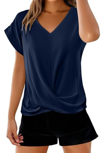 T-Shirt Femme Manches Courtes Été Couleur Unie Polyvalente Blouses Col V Hauts Chic Et Élégant Nœud Tops Grande Taille Ample Chemise Doux Confortable Vêtements Lâche Respirant Tee