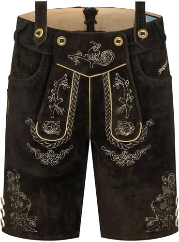 Steigenhöfer, pantaloni corti da uomo in pelle, Ludwig, con bretelle, 100% pelle bovina, tradizionali pantaloni in vera pelle, ideali per il tuo abbigliamento da uomo Oktoberfest, marrone scuro., 54