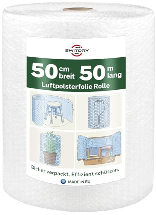 Luftpolsterfolie Rolle 50cm x 50m – Bubble Wrap Noppenfolie verpackungsmaterial, polsterfolie für Umzug und Versand, geruchlos verpackungsfolie zum Verpacken von Möbeln, Glas & Paketen