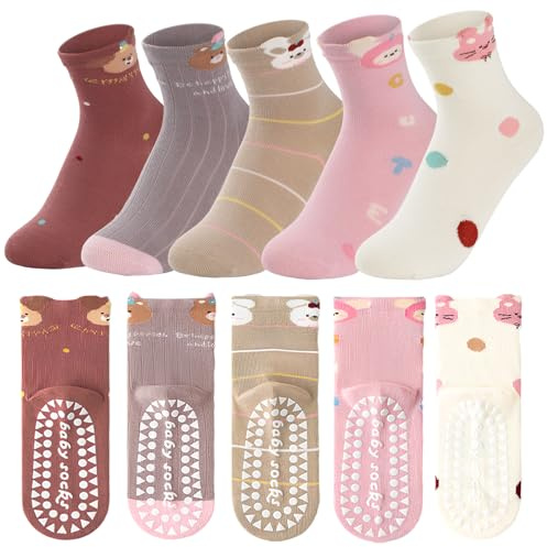 Simpeak 5 Pares Calcetines Niña de Algodón - Antideslizantes ABS, Cómodos y Suaves, Respirable Elástico, Lindos Divertidos Calcetines Deporte con Diseño de Animales para Niñas de 3-12 Años