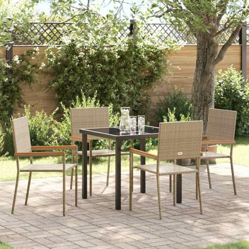 QUAHEAS Garden Dining Set with Cushions, 5 Piece Beige Poly Rattan Outdoor Furniture for Patio, Modern All-Weather Seating Group with Tempered Glass Table