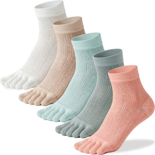 QUPOLPOL Toe Socks for Women, Bamboo Viscose Blend, 5 Pairs | Breathable mesh crew fit, separated-toe comfort, UK 2-5 / EU 34-38, walking/yoga/daily wear