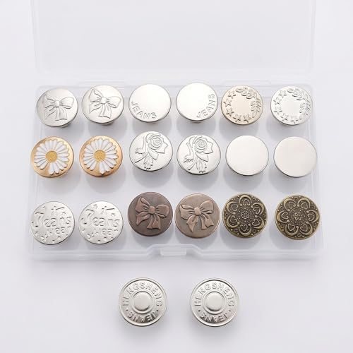 20PCS No Sew Jean Buttons Replacement, Instant Button Pins for Jeans, Adjustable Reusable Metal Snap Tack Buttons, No Tools Pants Waist Tightener Repair Kit
