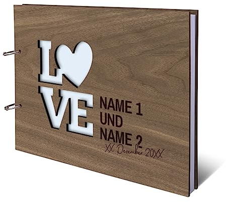 Hochzeit Gästebuch Okoume Holz Gravur individuell Holzcover mit 144 Naturpapier Innenseiten DIN A4 quer 302 x 215 mm - Love