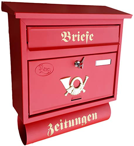 Großer Briefkasten/Postkasten XXL Rot matt mit Abnehmbarer Zeitungsrolle Flachdach Katalogeinwurf Zeitungsfach (Rot)