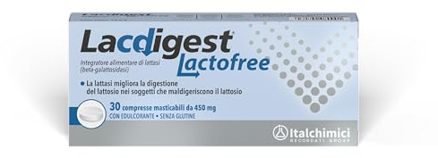 Lacdigest Lactofree - 30 CPR |integratore alimentare di lattasi| Migliora la digestione del lattosio | 4500 FCC| Gusto biscotto| Senza glutine