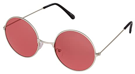 Ultra Round Sunglasses for Men & Women UV400 & Carry Pouch Cleaning Cloth - Unisex Retro Large Circle Glasses with Spring Comfort Fit Hinges - Sunglasses - Metal Framed - Silver with Red Lenses