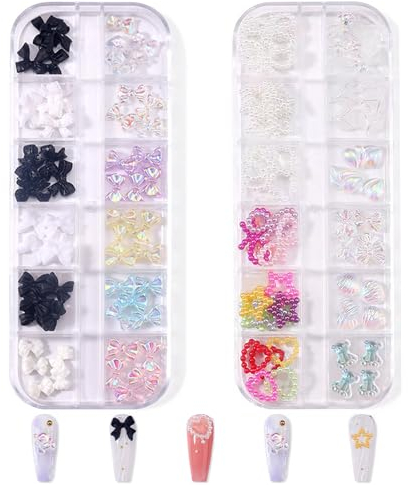 Schleife Nail Art Charms, 2 Boxen 24 Raster Perle Liebe Herz Stern Nagel Charms,3D Aurora Bowknot Shell Nail Art Dekorationen für Nagelkunst Design DIY Crafting Party täglich Hochzeit
