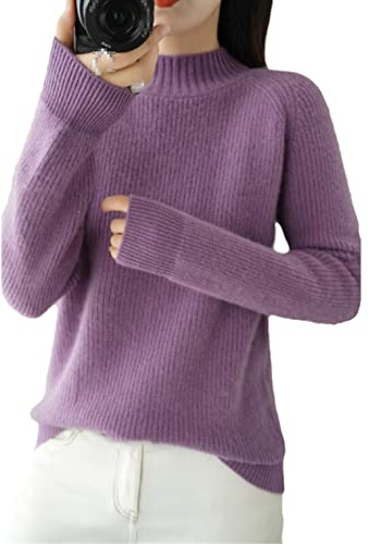 keusyoi Otoño e invierno Mujer Color sólido Medio cuello alto Jersey de cachemira engrosada Suéter de mujer Jumpers, Purple, M