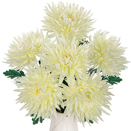 Hollyone 6pcs White Artificial Mums - 25.6 Long Stem Faux Spider Mum Flowers - Large Floral Arrangements - Fake Pincushion Silk Flowers for Office & Home Decor