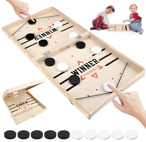 Joycabin Tischfußball Gewinnerspiele, Holz Hockey Brettspiel, 2 In 1 Faltbar Sling Puck Spiel, Tischhockey Gewinner Spielzeug für Eltern Kind Geschenke, Weihnachten, Partys