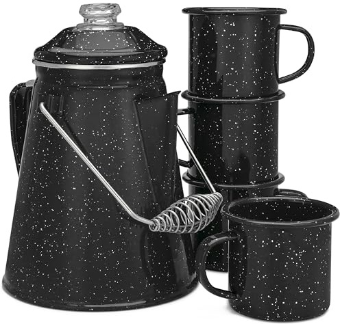 COLETTI Classic Percolator Coffee Pot & Enamel Mug Set - Caffettiera da campeggio, tazza da caffè smaltata - Pacchetto completo nostalgico - Polvere smaltata importata dalla Germania [Nero, 12 tazze]