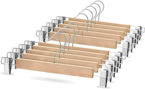 Wooden Trouser Hangers with Clips - Set of 10 Natural Wooden Skirt Hanger with Metal Clips - Space-Saving, Non-Slip Clip Hanger for Trousers, Skirts, Jeans, and More