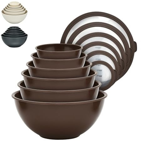 Bakken Master 12 Piece Plastic Nesting Bowls with Lids - Mixing Bowls Set includes 6 Prep Bowls and 6 Lids, BPA-Free, Reusable Meal Prep Containers, Microwave, Freezer & Dishwasher Safe, Brown