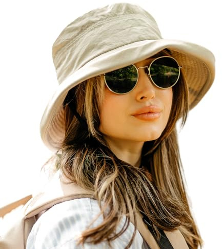 TOP-EX UPF 50 Ladies Sun Hats for Women Wide Brim UV Protection Summer Bucket Hat Foldable Outdoor Sunhat for Safari Fishing Waterproof Khaki M
