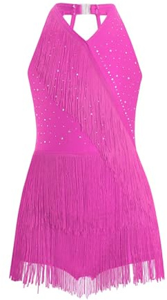 ranrann Vestido de Danza Latina para Niñas sin Mangas Vestido de Baile con Borlas Vestido de Actuación Disfraz de Bailarina 5-16 años Rosa Caliente 9-10 años