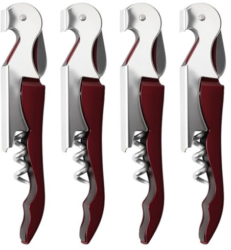 4Pezzi Cavatappi Professionale, Apribottiglie Vino Sommelier per Tutti i Tipi di Sughero e Bottiglie di Birra con spirale teflonata + Rasoio Tagliacapsule (Rosso Vino)