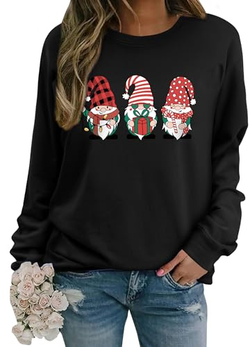 WIEIYM Sweat-shirt de Noël à manches longues imprimé col rond haut de fête automne hiver manches longues blouse hauts extensibles légers sweat-shirts basiques confortables haut, G-black, M