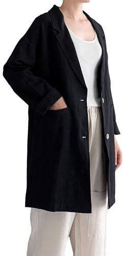 Minibee Women's Blazer Lightweight Jackets Cotton Linen Long Sleeve Shirts Casual Blouses Jacket with Pockets Black Large