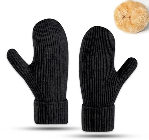 Bototack Winter Mittens for Women Men Warm Fleece Lining Stretchy Knit Thermal Snow Gloves for Cold Weather Gifts (Black)