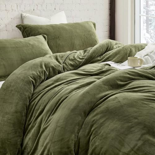 Lanqinglv Juego de ropa de cama de felpa, 220 x 240 cm, franela de coral, cálida y mullida, color verde oliva y verde, ropa de cama de invierno con tacto de cachemira con cremallera y 2 fundas de