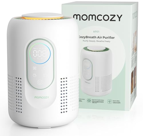 Momcozy Purificatore d'Aria per Cameretta, 4 Filtri HEPA H13 + Carbone Attivo, Monitor PM2.5 in Tempo Reale con Display 3 Colori, Sleep 21 dB, Luce Notturna Dimmerabile
