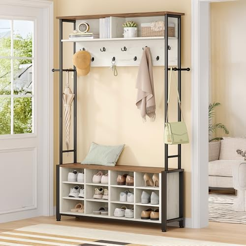 Hzuaneri Coat Rack with Shoe Storage, Hall Tree with Bench for Hallway, 14 Open Compartments, Coat Stand with Adjustable Shelves, 13 Hooks, Top Storage for Living Room, Brown and White, HT17914B
