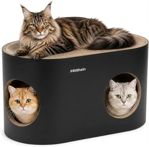 PetRhein Safari Lodge Maison à Chat XXL 3 en 1 - Grotte pour Chat et Planche à gratter Solide en Carton ondulé - 64 x 35 x 36 cm - Grand nid pour Chat - Meuble Durable (Noir)