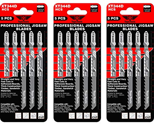15 x TopsTools JSTTX344D_3 T344D 132mm Lot de lames pour scie sauteuse compatibles avec Bosch, Dewalt, Makita, Milwaukee et autres