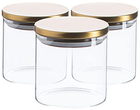 Argon Tableware Scandi Storage Jars with Metallic Gold Lids - 550ml - 3 Pack - Modern Round Organisation Container Glass Jar for Kitchens, Pantry, Bathrooms, Utility Rooms