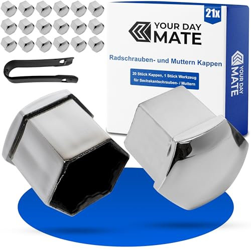Radschrauben- und Muttern Kappen Set, 21-teilig, für 19 mm Sechskant Schrauben und Muttern, min. Ø 26 mm Felgen Schraubenloch, Radmutternkappen in Silber-glänzend, 1 x Werkzeug, Radbolzen Abdeckung