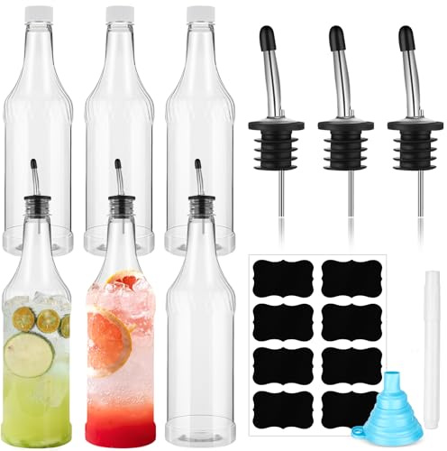 Dandat 12 Pieces 32 oz Plastic Long Neck Bottles with Pourer and Caps Plastic Juice Pour Bottles with Stainless Steel Pourers Tapered Spout for Liquor (Silver Bottle Pourer)