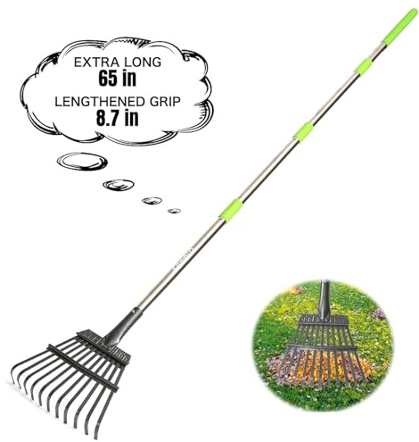 Joyhalo Small Rakes for Leaves, 8.5 Inch Wide Head Leaf Rake with 11 Tines, Metal Garden Rakes with Adjustable Handle from 38.5 to 65 Inch for Gardening, Clippings, Gathering Leaves, Weeds, Debris