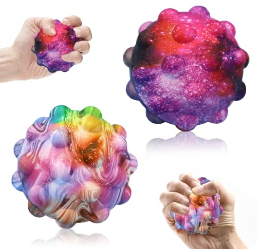 2 Stück Pop it Ball Fidget Spielzeug, Popit Anti Stress Bälle, 3D Silikon Fidget Antistressball, Push Bubble Sensorisches Squeeze Spielzeug, Stressball für Kinder Erwachsene Teens