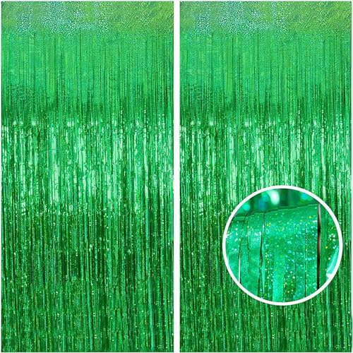 SULOLI 2 Stück Lametta Vorhang,Grün Glitzer Vorhang,Luftschlangen,Vorhang Hintergrund Dekoration für Party Deko Geburtstag Hochzeit Neujahr Halloween Karneval