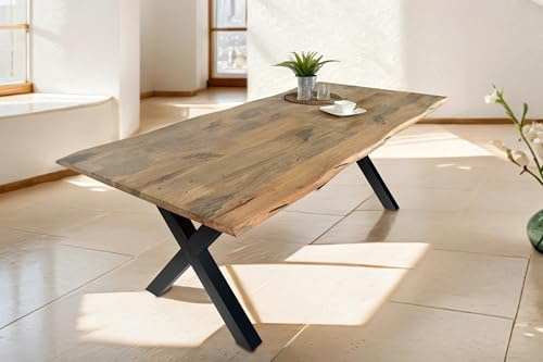 SAM Esstisch Tiger 200x100 cm Mangoholz Natur Vintage Baumkante X schwarz