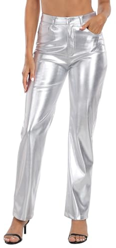 HDE Women's Shiny Metallic Faux Leather Pants High Waisted Straight Leg Trousers Silver - 12